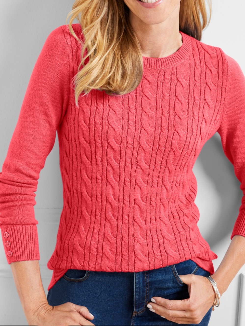 Talbots Cable Knit Crewneck Sweater Large Pink Lightweight Stretch Cotton NWT